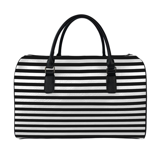 Black And White Striped Pattern Print Leather Duffle Bag