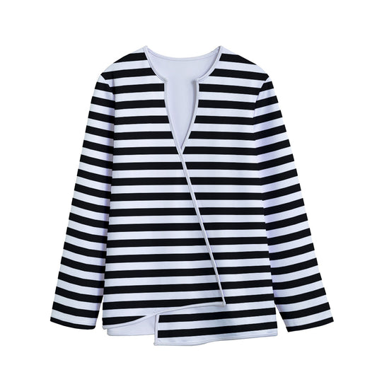Black And White Striped Pattern Print Long Sleeve Short Coat
