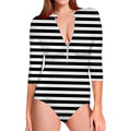 Black And White Striped Pattern Print Long Sleeve Swimsuit