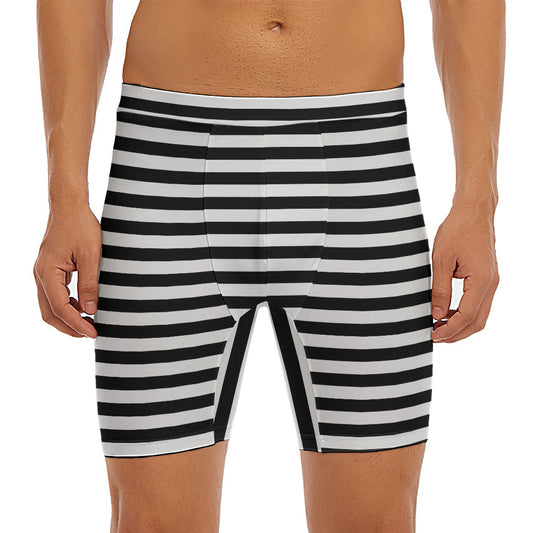 Black And White Striped Pattern Print Men's Long Boxer Briefs