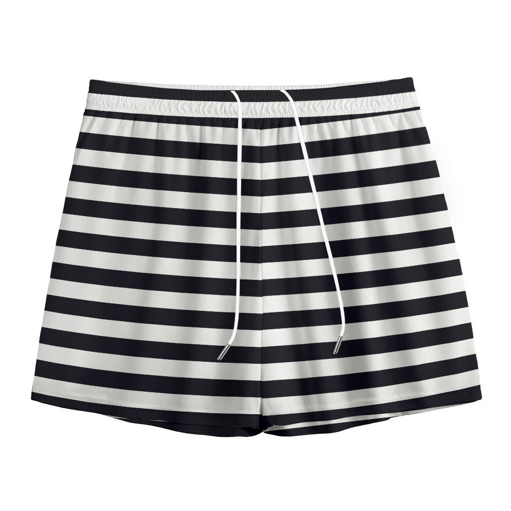 Black And White Striped Pattern Print Mesh Shorts