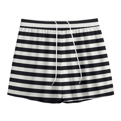 Black And White Striped Pattern Print Mesh Shorts