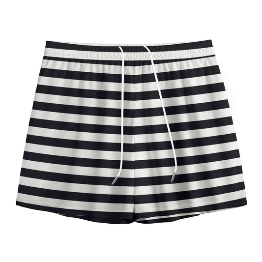 Black And White Striped Pattern Print Mesh Shorts