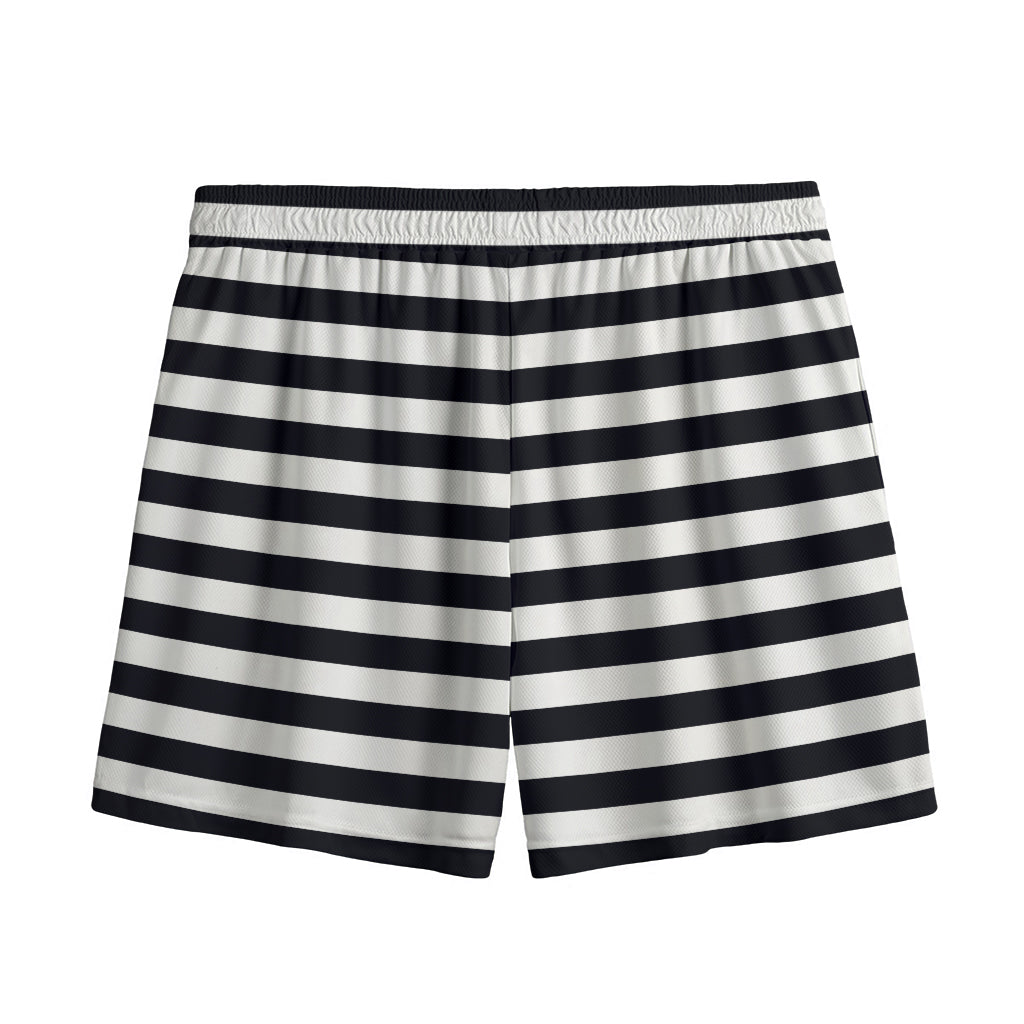 Black And White Striped Pattern Print Mesh Shorts