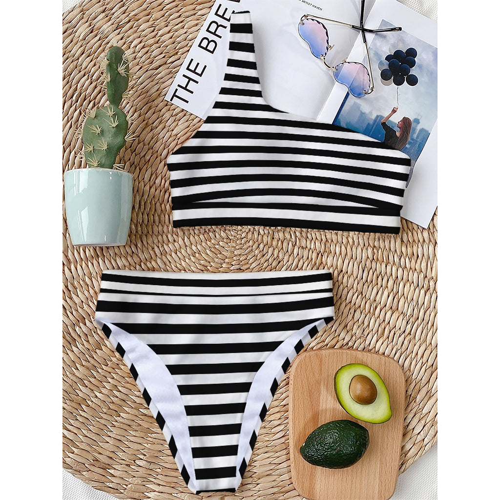 Black And White Striped Pattern Print One Shoulder Bikini Top