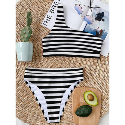 Black And White Striped Pattern Print One Shoulder Bikini Top