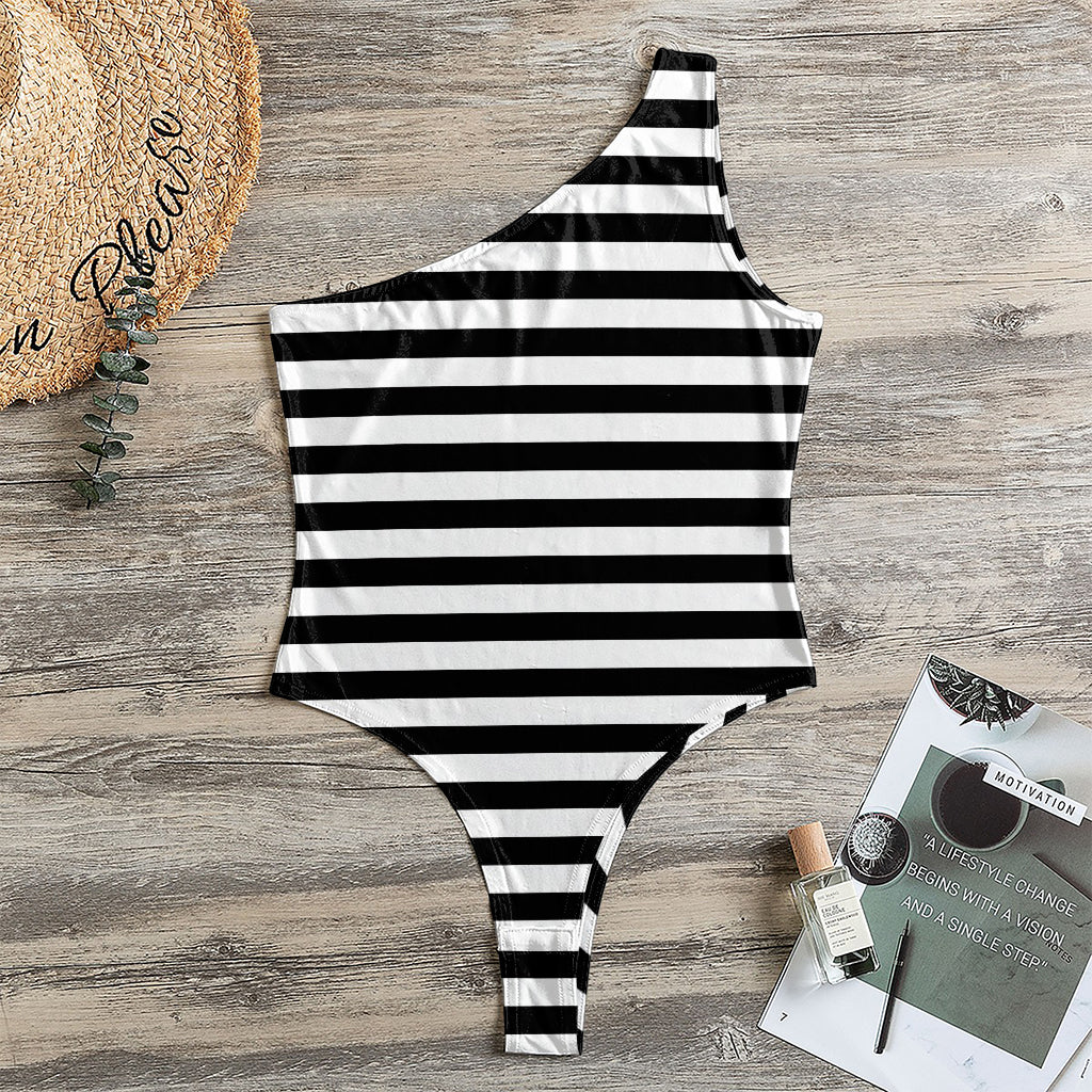 Black And White Striped Pattern Print One Shoulder Bodysuit