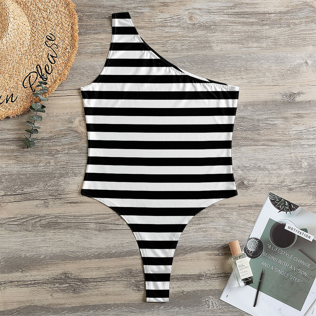 Black And White Striped Pattern Print One Shoulder Bodysuit