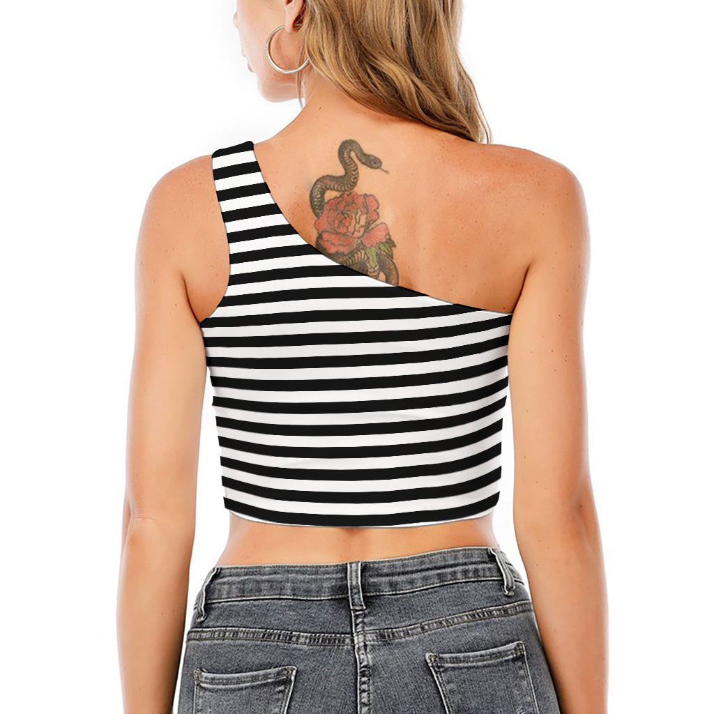 Black And White Striped Pattern Print One Shoulder Crop Top