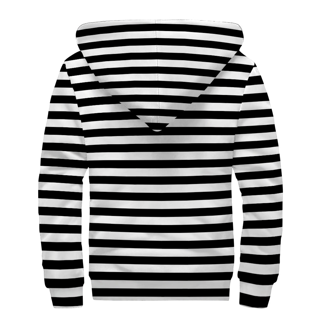 Black And White Striped Pattern Print Sherpa Lined Zip Up Hoodie