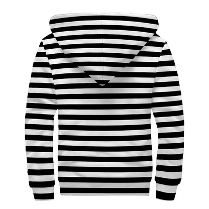 Black And White Striped Pattern Print Sherpa Lined Zip Up Hoodie