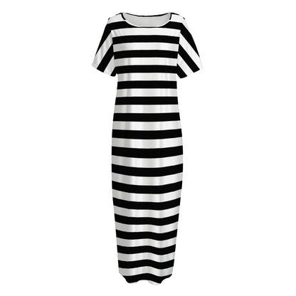 Black And White Striped Pattern Print Short Sleeve Long Nightdress