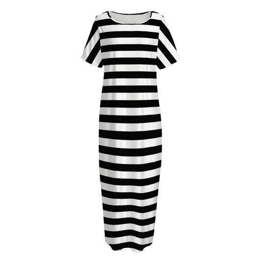 Black And White Striped Pattern Print Short Sleeve Long Nightdress