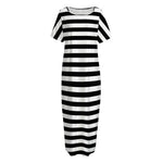 Black And White Striped Pattern Print Short Sleeve Long Nightdress