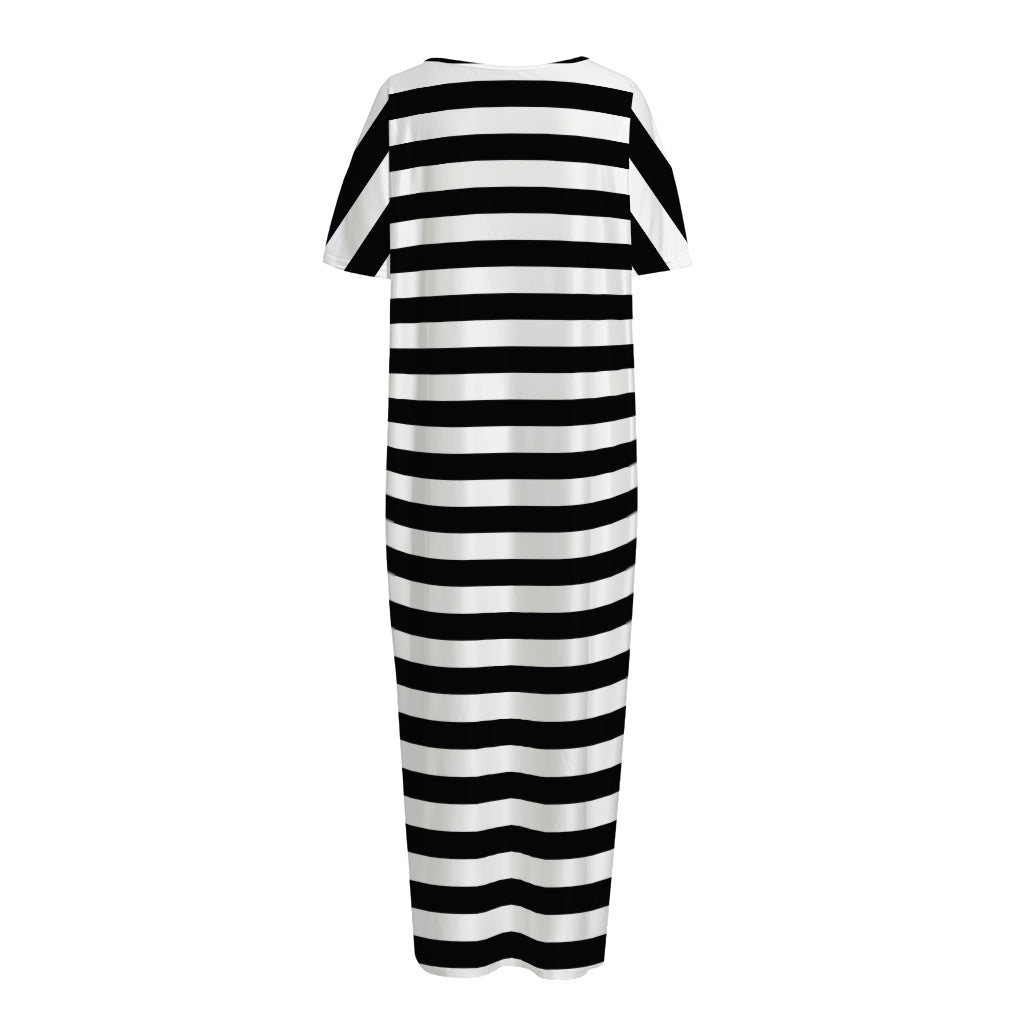 Black And White Striped Pattern Print Short Sleeve Long Nightdress