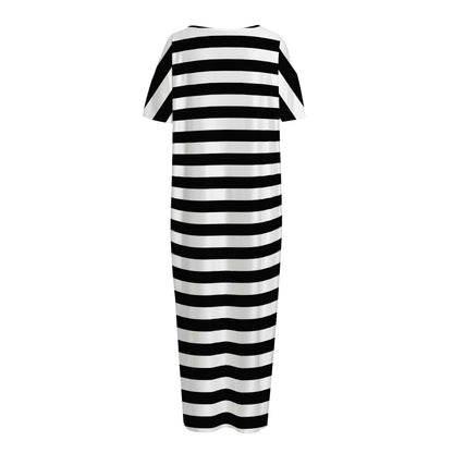 Black And White Striped Pattern Print Short Sleeve Long Nightdress