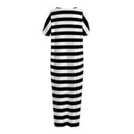 Black And White Striped Pattern Print Short Sleeve Long Nightdress