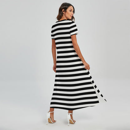 Black And White Striped Pattern Print Short Sleeve Maxi Dress