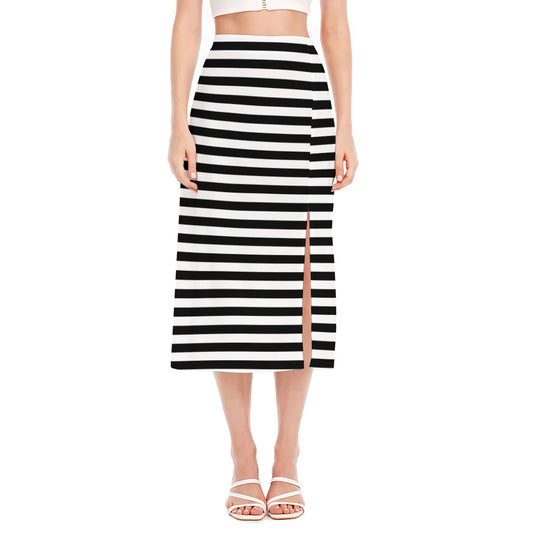 Black And White Striped Pattern Print Side Slit Midi Skirt