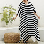 Black And White Striped Pattern Print Silk V-Neck Kaftan Dress