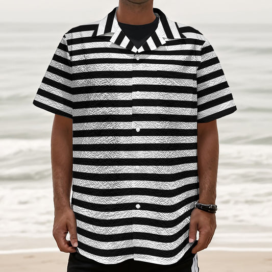 Black And White Striped Pattern Print Textured Short Sleeve Shirt