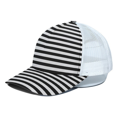 Black And White Striped Pattern Print White Mesh Trucker Cap