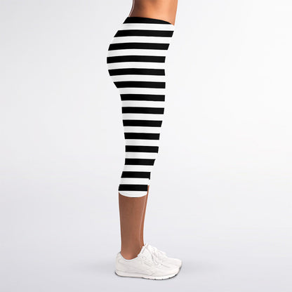 Black And White Striped Pattern Print Women's Capri Leggings
