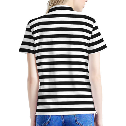 Black And White Striped Pattern Print Women's Polo Shirt