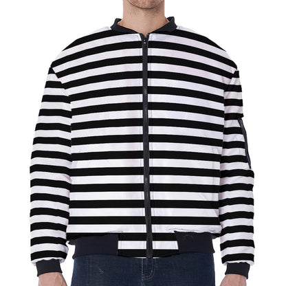 Black And White Striped Pattern Print Zip Sleeve Bomber Jacket