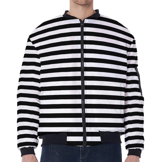 Black And White Striped Pattern Print Zip Sleeve Bomber Jacket