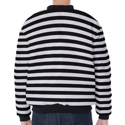 Black And White Striped Pattern Print Zip Sleeve Bomber Jacket