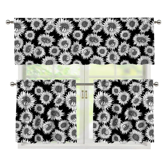 Black And White Sunflower Pattern Print 3 Piece Kitchen Curtains
