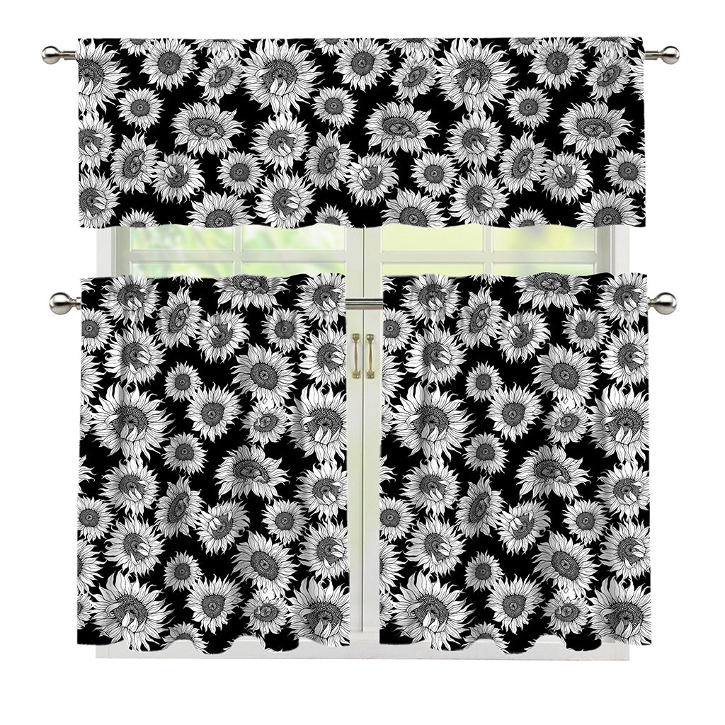 Black And White Sunflower Pattern Print 3 Piece Kitchen Curtains