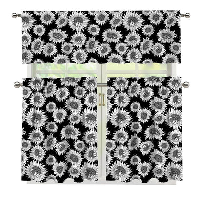 Black And White Sunflower Pattern Print 3 Piece Kitchen Curtains