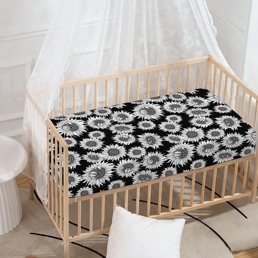 Black And White Sunflower Pattern Print Baby Crib Sheet