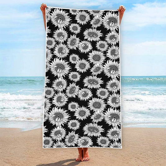 Black And White Sunflower Pattern Print Beach Towel