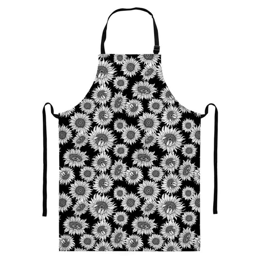 Black And White Sunflower Pattern Print Bib Apron With Pocket