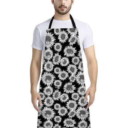 Black And White Sunflower Pattern Print Bib Apron With Pocket