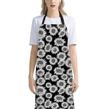 Black And White Sunflower Pattern Print Bib Apron With Pocket