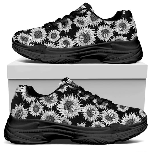 Black And White Sunflower Pattern Print Black Chunky Shoes