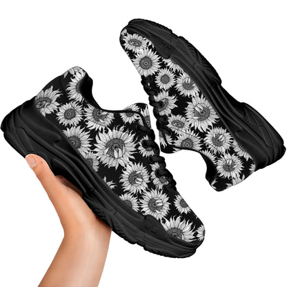 Black And White Sunflower Pattern Print Black Chunky Shoes