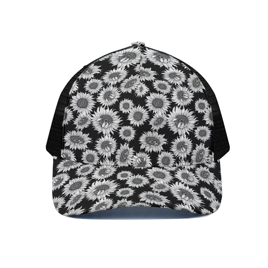 Black And White Sunflower Pattern Print Black Mesh Trucker Cap
