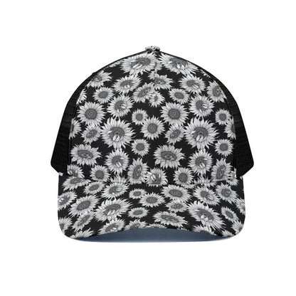Black And White Sunflower Pattern Print Black Mesh Trucker Cap