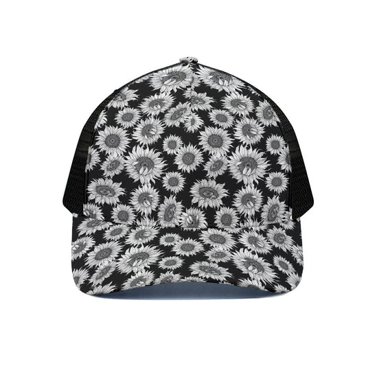 Black And White Sunflower Pattern Print Black Mesh Trucker Cap