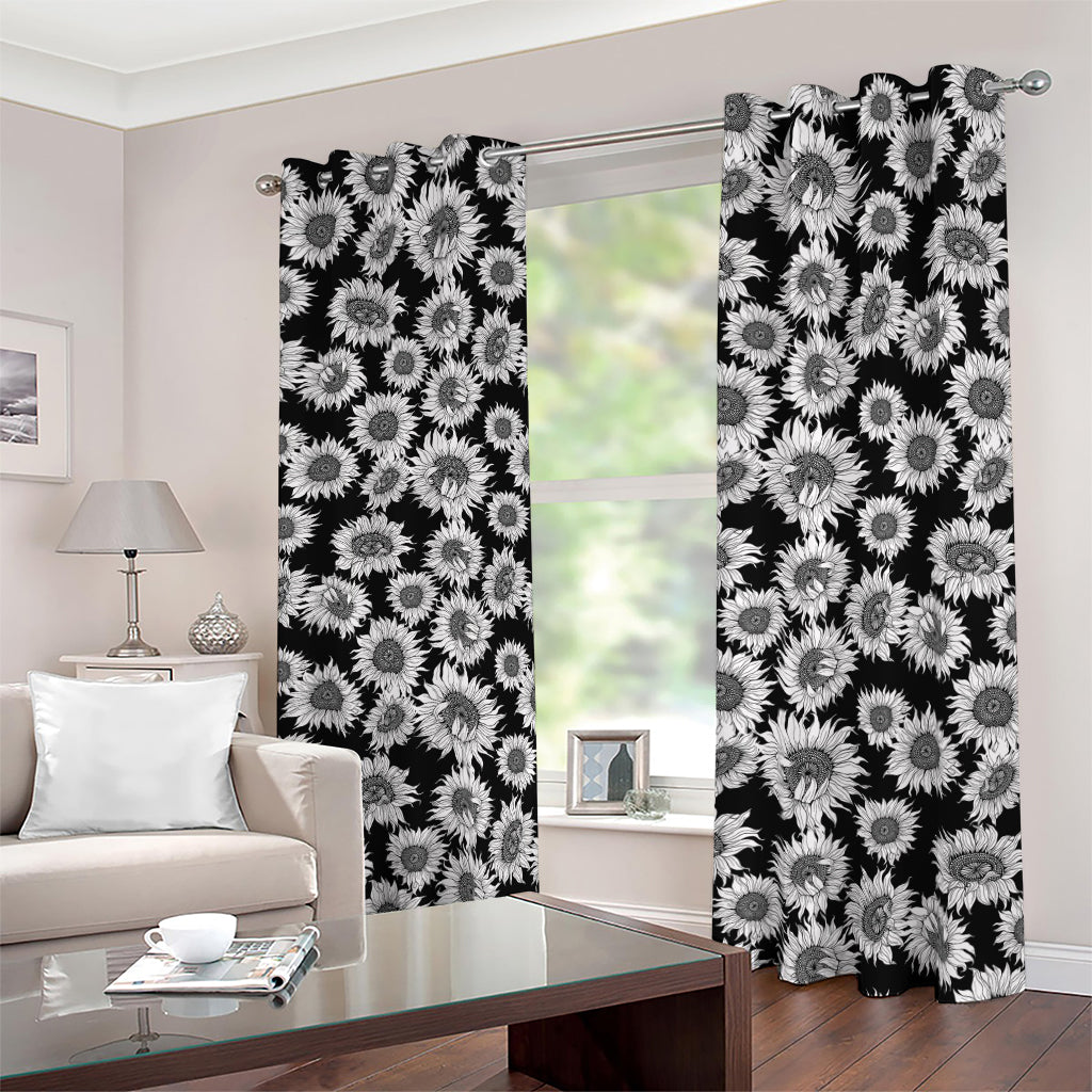 Black And White Sunflower Pattern Print Blackout Grommet Curtains