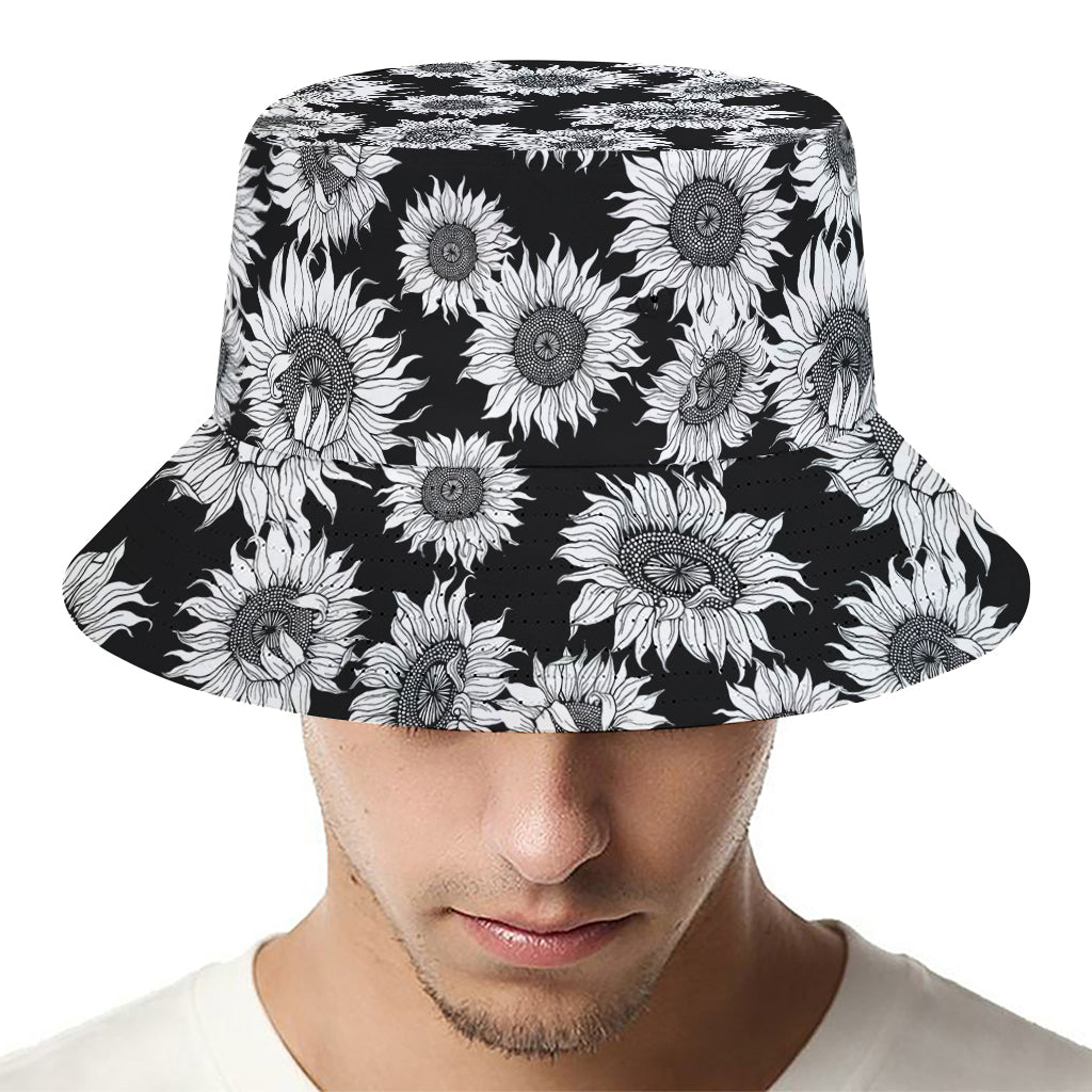 Black And White Sunflower Pattern Print Bucket Hat