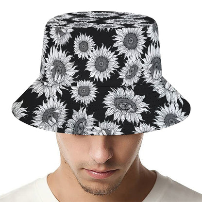 Black And White Sunflower Pattern Print Bucket Hat