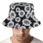Black And White Sunflower Pattern Print Bucket Hat