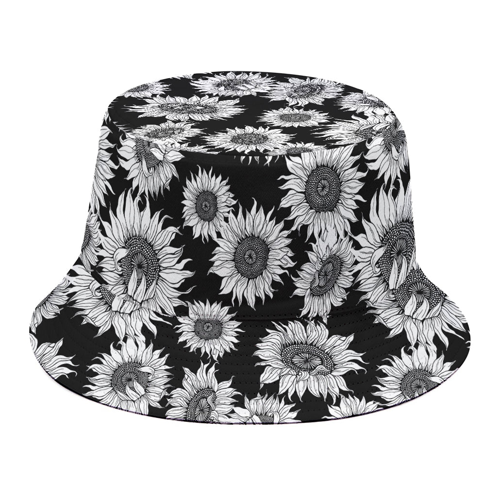 Black And White Sunflower Pattern Print Bucket Hat