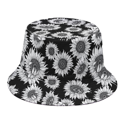 Black And White Sunflower Pattern Print Bucket Hat